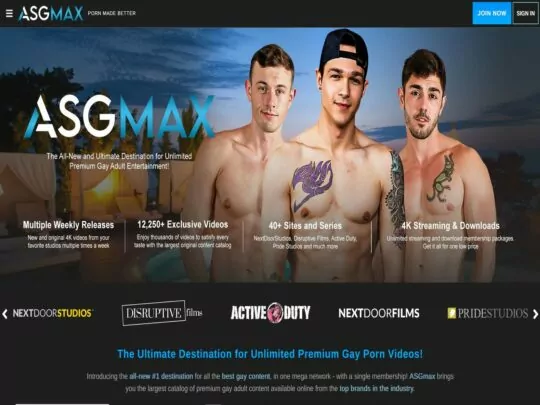 ASGmax minangka situs porno gay, kanthi video porno gay 4K saka 40+ situs lan seri, luwih saka 12,250+ video eksklusif saka studio porno gay paling apik.