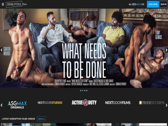 Disruptive Films هو موقع إباحي للمثليين وهو جزء من شبكة ASG Max الإباحية للمثليين ويضم مقاطع فيديو إباحية للمثليين عالية الدقة لأفضل نجوم البورنو.
