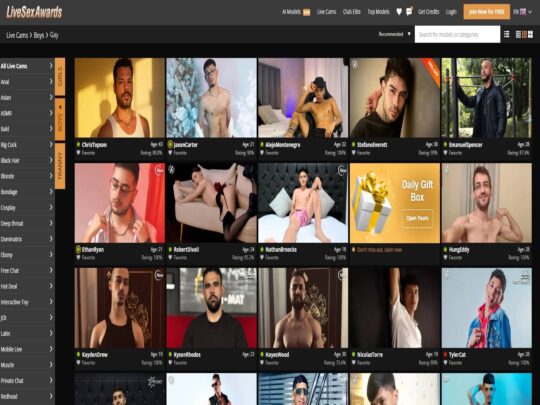 LiveSexAwards Gay review, een site die een van de vele populaire live gay sekscamsites is.