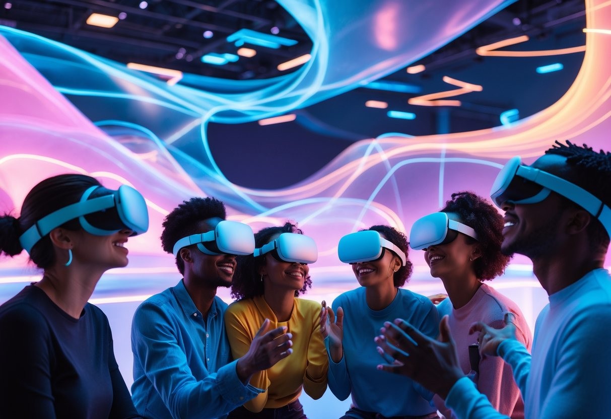 A Group of People Using a VR Headset Many people in the same room next to one another exploring the great beneficial use of a VR headset.